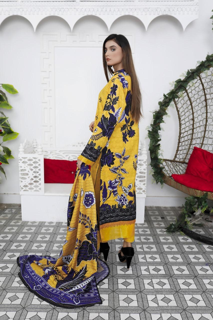 Unstitched Khaddar Suit Yellow Purple Floral Embroidery