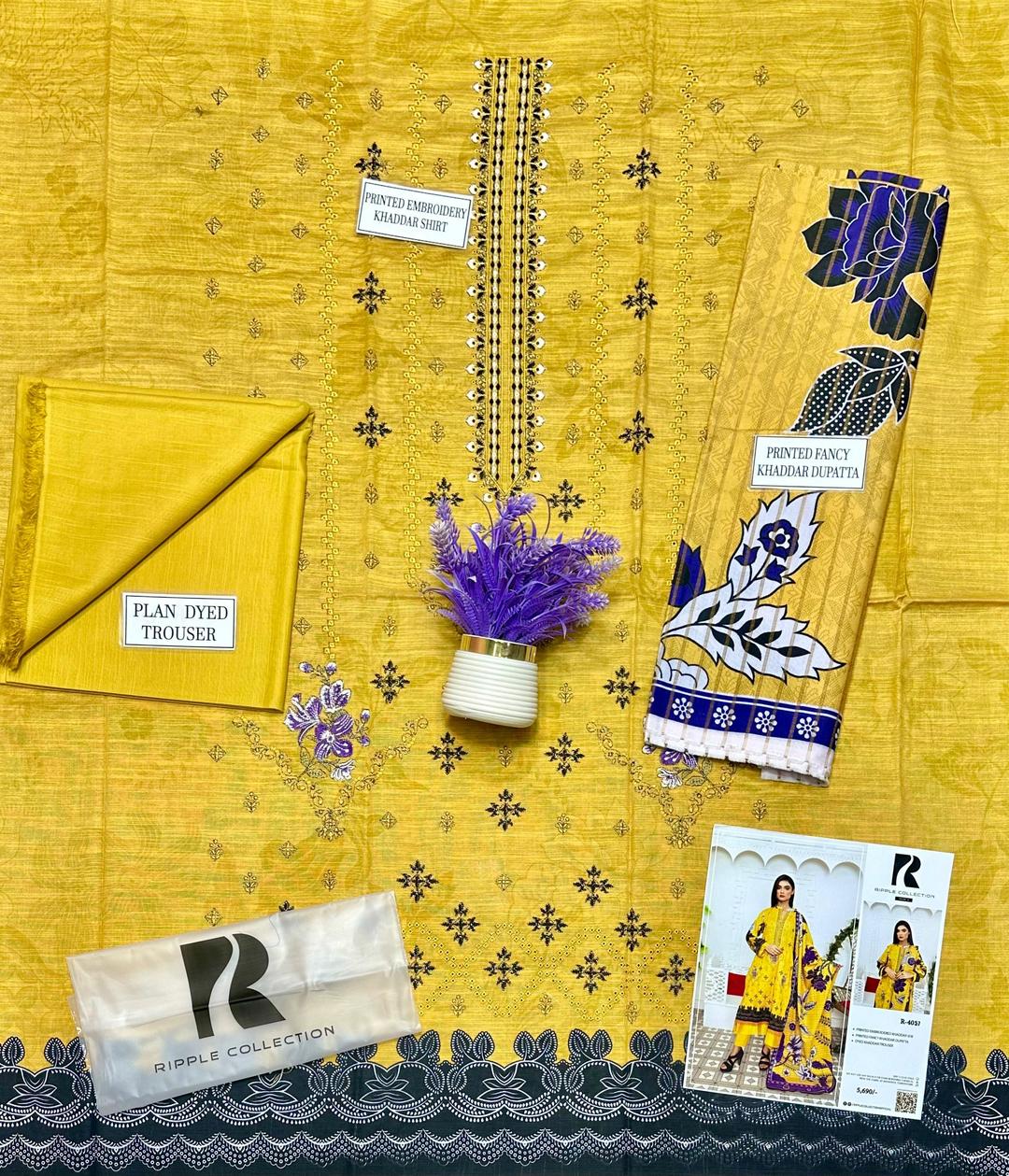 Unstitched Khaddar Suit Yellow Purple Floral Embroidery