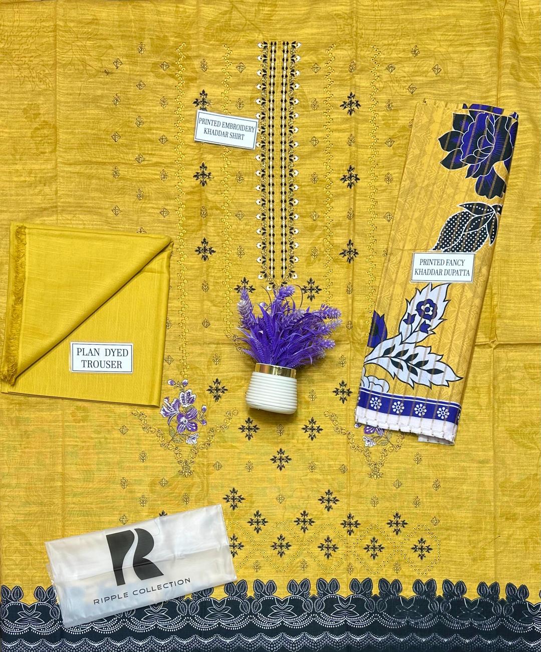 Unstitched Khaddar Suit Yellow Purple Floral Embroidery