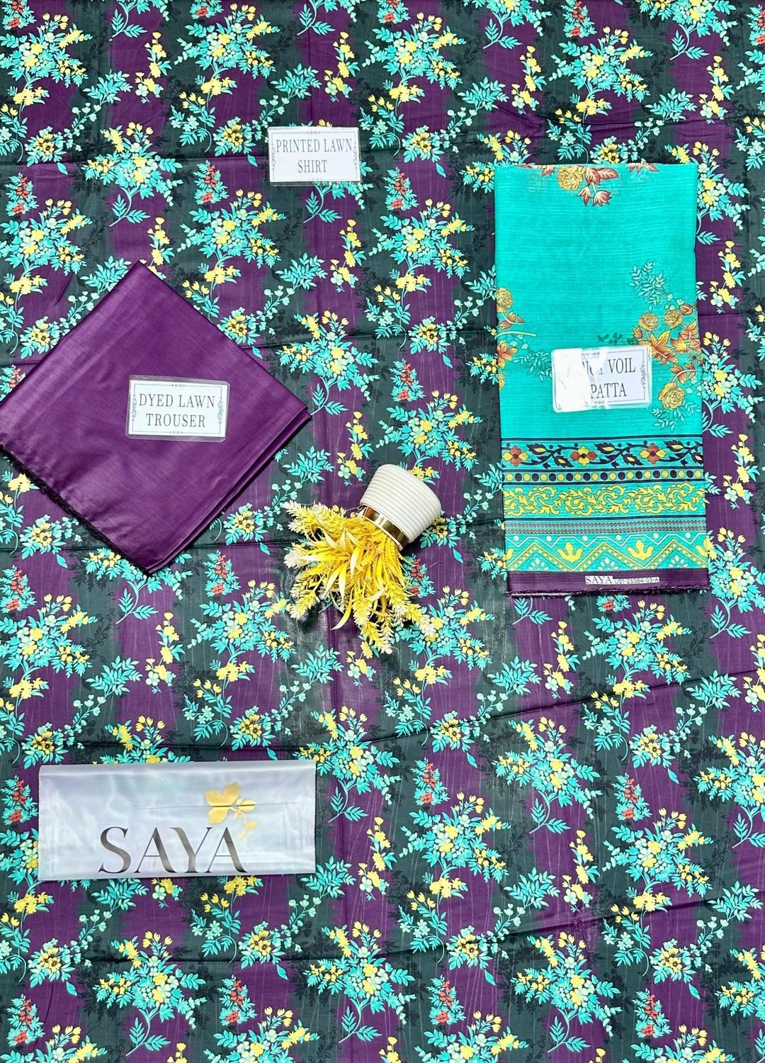 Unstitched Lawn Suit Purple Teal Floral Print