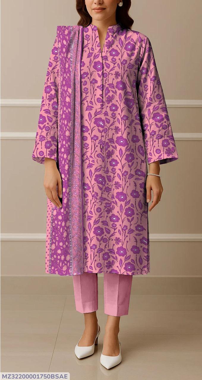 Pakistani Women 3-Piece Lawn Suit Pink Purple Floral