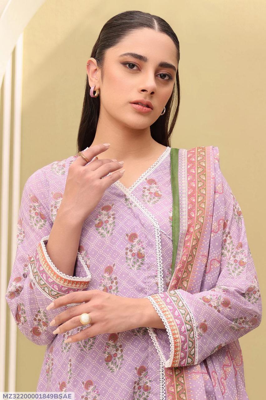 Pakistani Women Printed Lawn Suit Pink Floral 3-Piece
