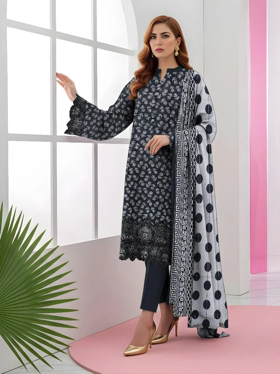 Black Floral Printed 3-Piece Khaddar Suit for Women
