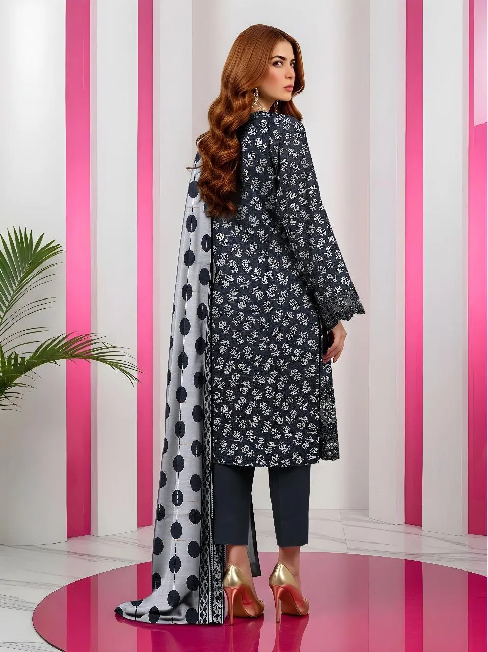 Black Floral Printed 3-Piece Khaddar Suit for Women