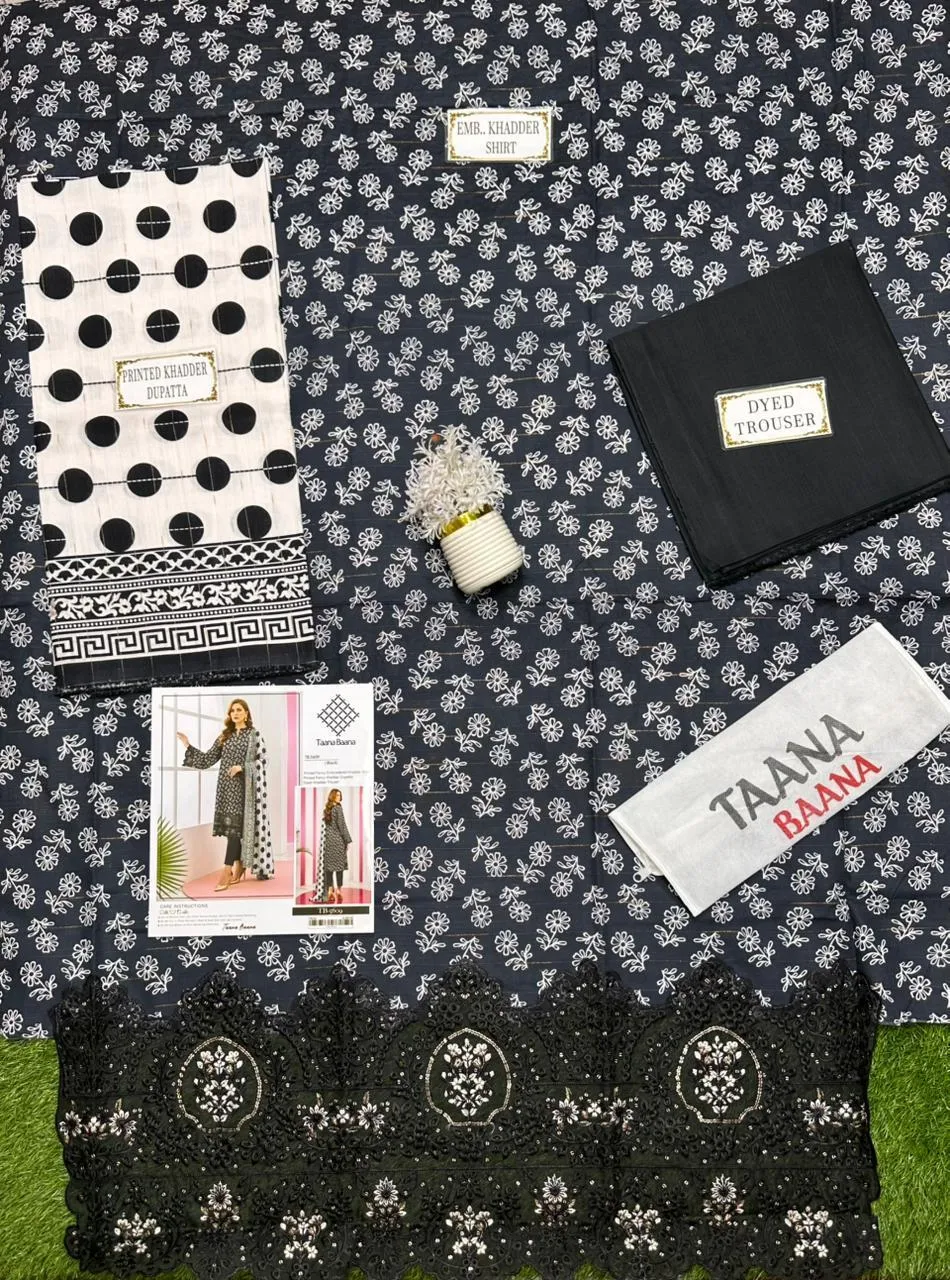 Black Floral Printed 3-Piece Khaddar Suit for Women