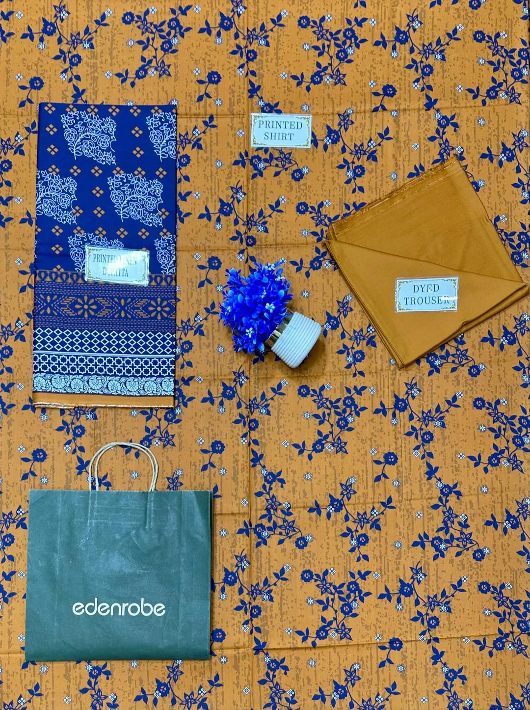 Orange Floral Linen 3-Piece Suit with Blue Dupatta
