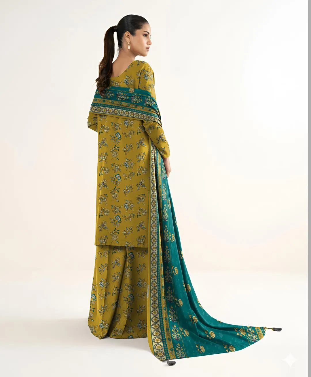 Golden Floral Printed 3-Piece Khaddar Suit for Women