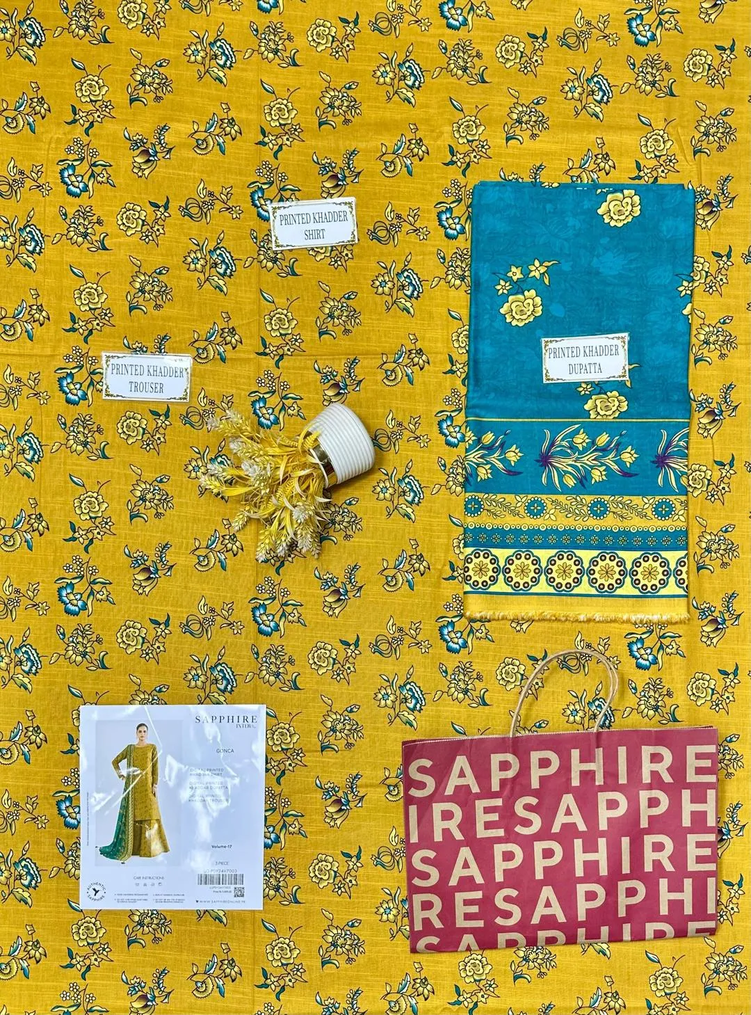 Golden Floral Printed 3-Piece Khaddar Suit for Women