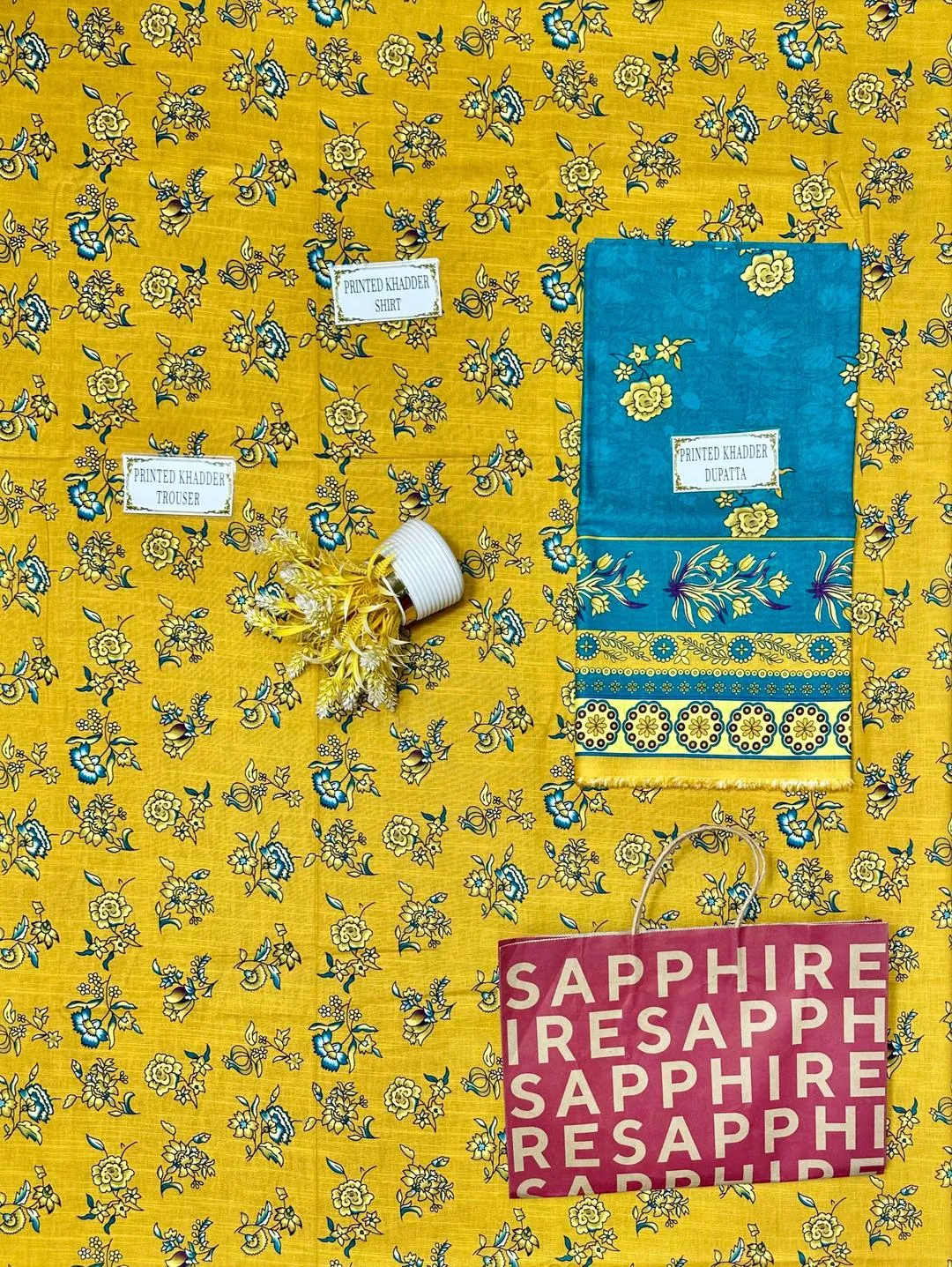 Golden Floral Printed 3-Piece Khaddar Suit for Women