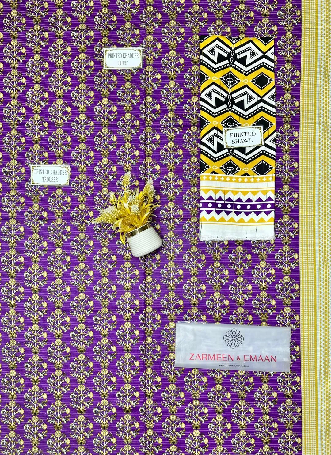 Purple Printed 3 Pcs Women's Khaddar Suit with Wool Dupatta