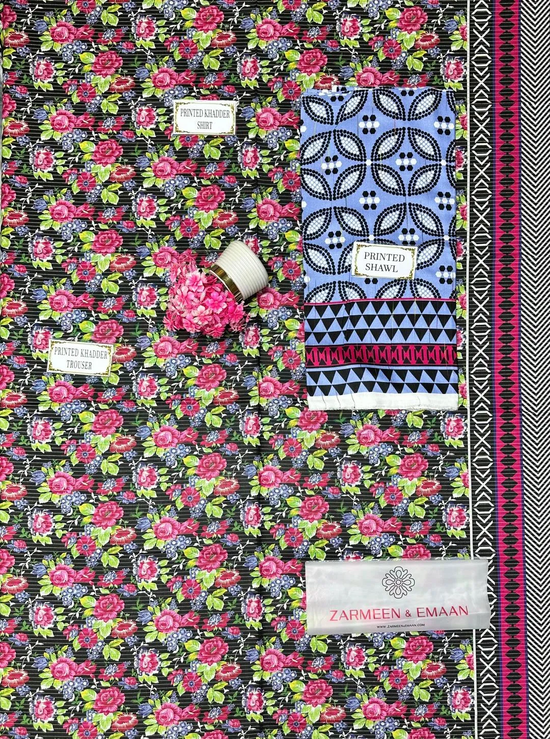 3 Pcs Women's Printed Khaddar Suit Black Winter Party Wear
