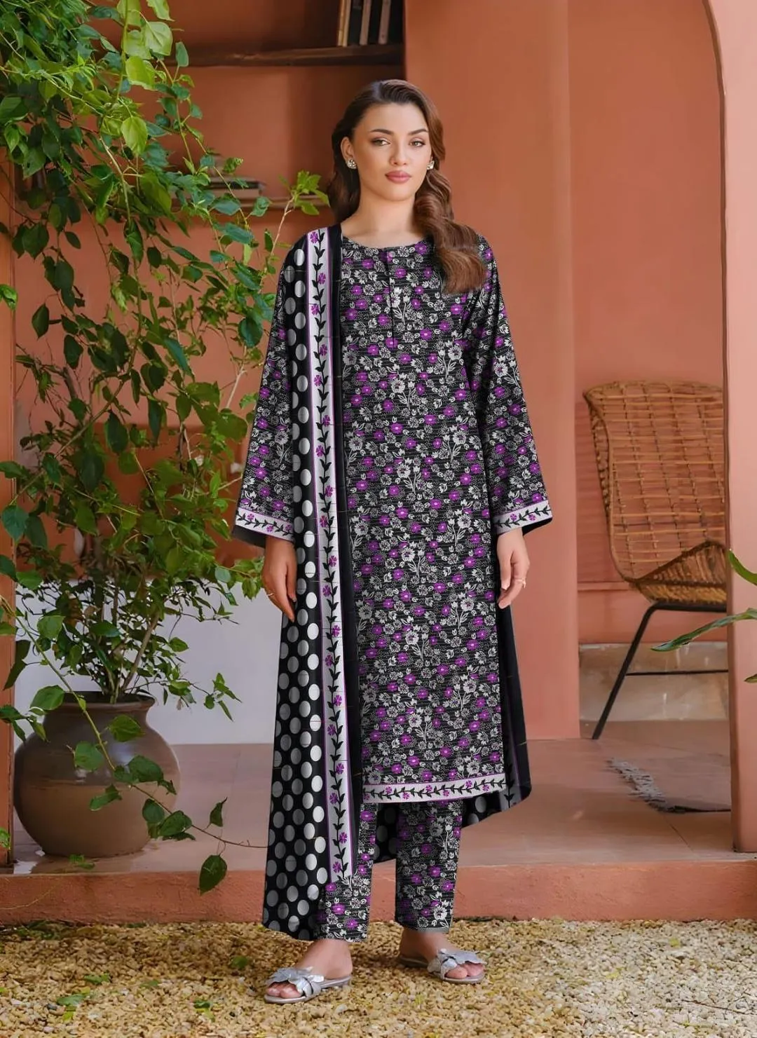 Women's Black Printed 3-Piece Suit with Wool Dupatta