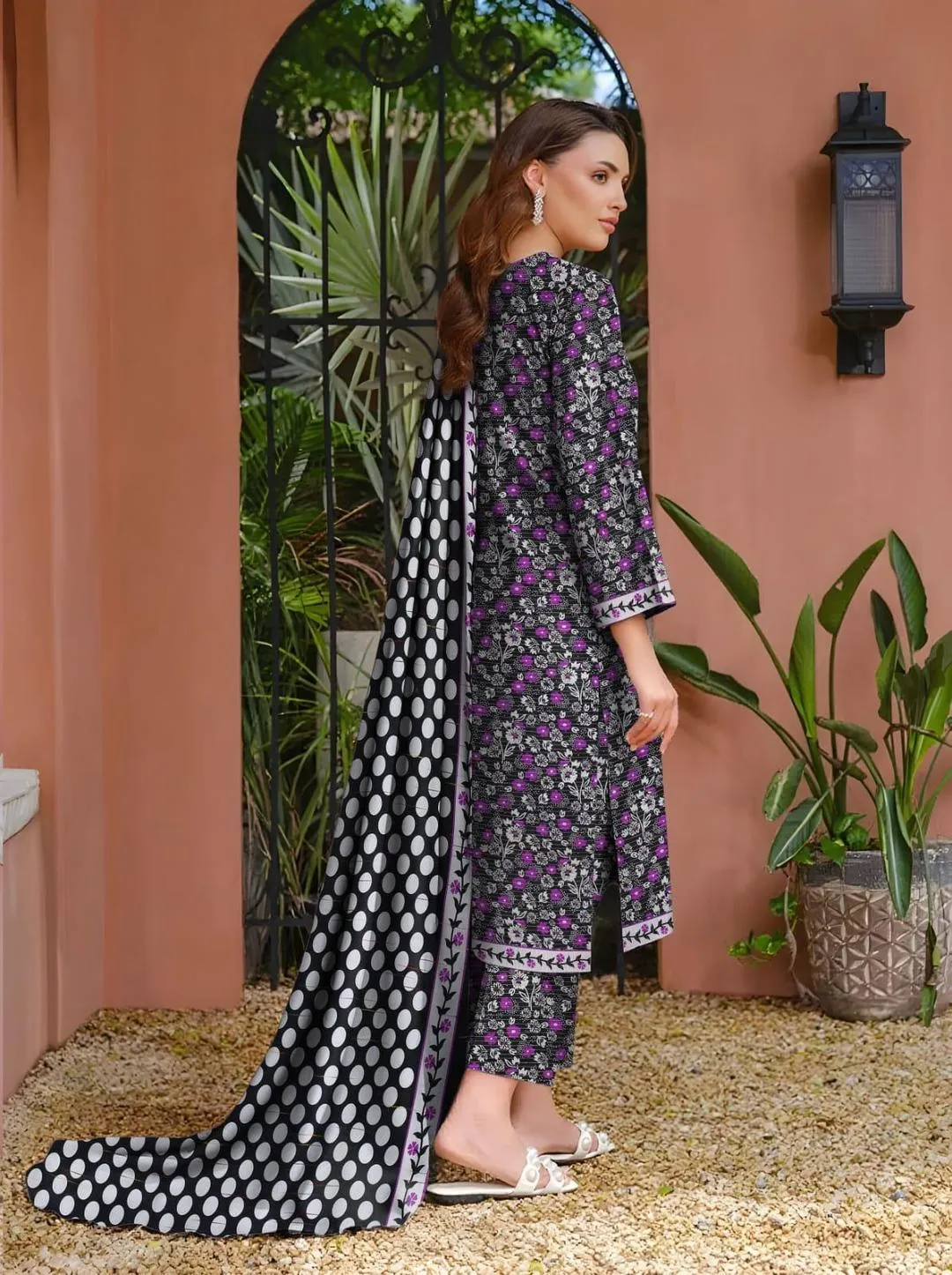Women's Black Printed 3-Piece Suit with Wool Dupatta