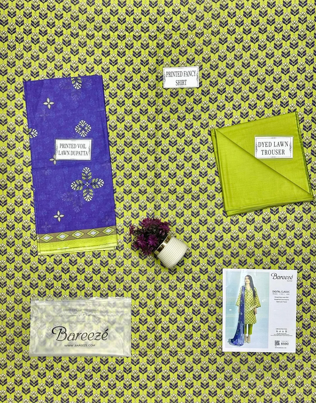 Green Printed Lawn 3-Piece Suit with Purple Dupatta
