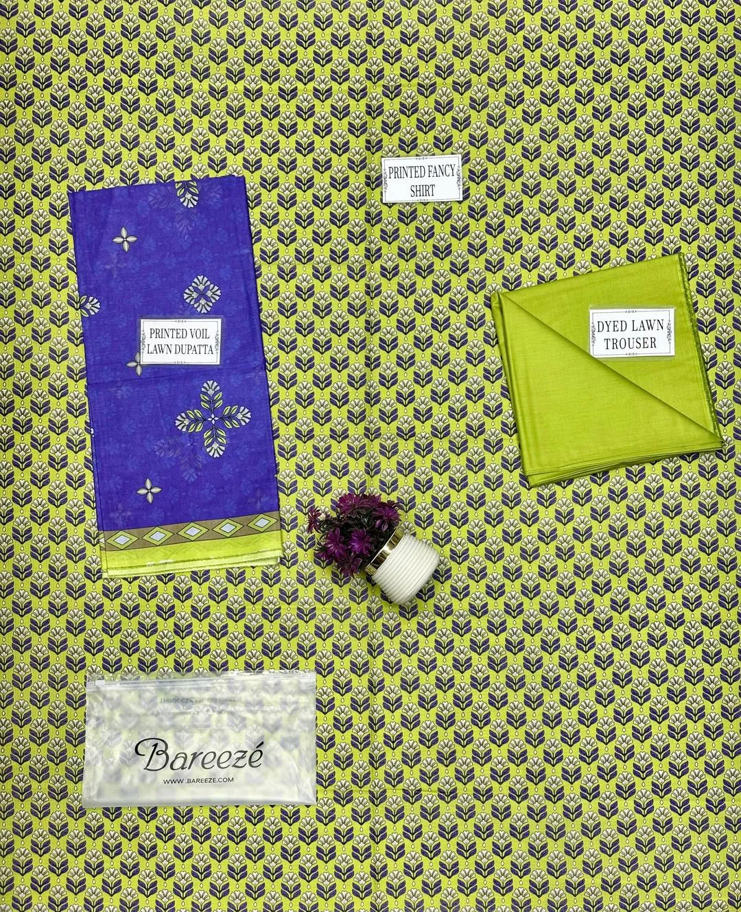 Green Printed Lawn 3-Piece Suit with Purple Dupatta