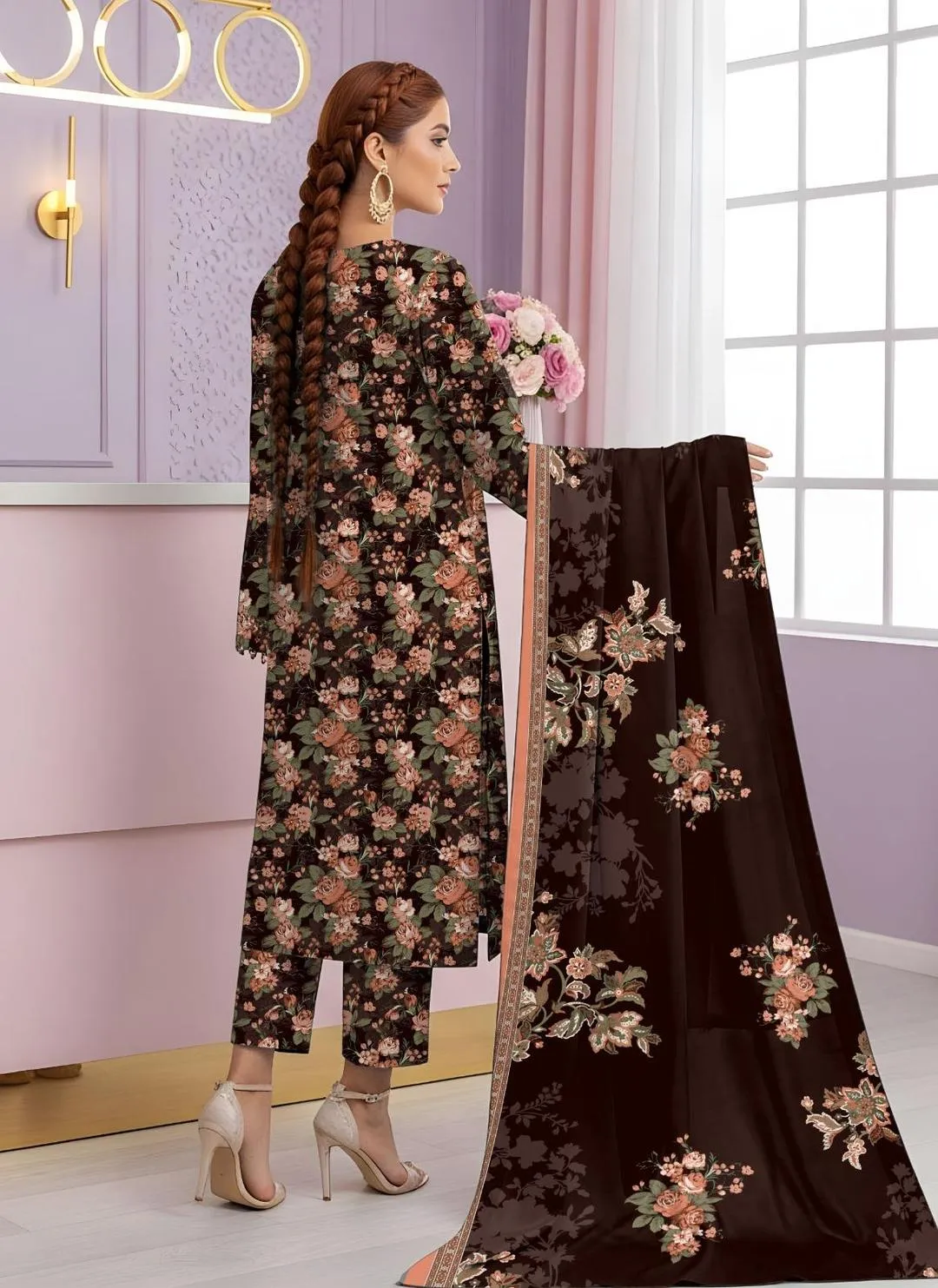Women Floral Printed Lawn 3-Piece Suit Orange