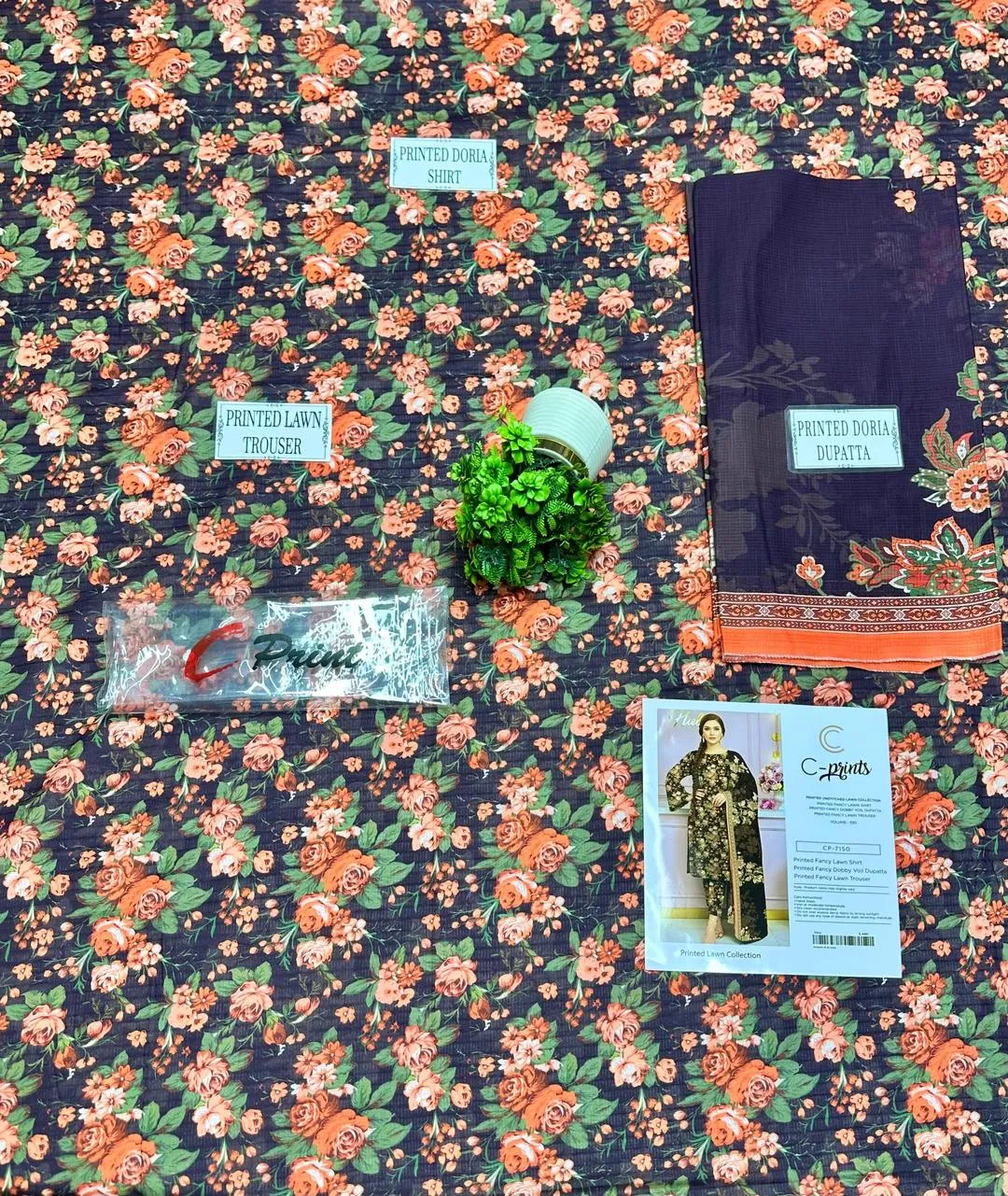 Women Floral Printed Lawn 3-Piece Suit Orange