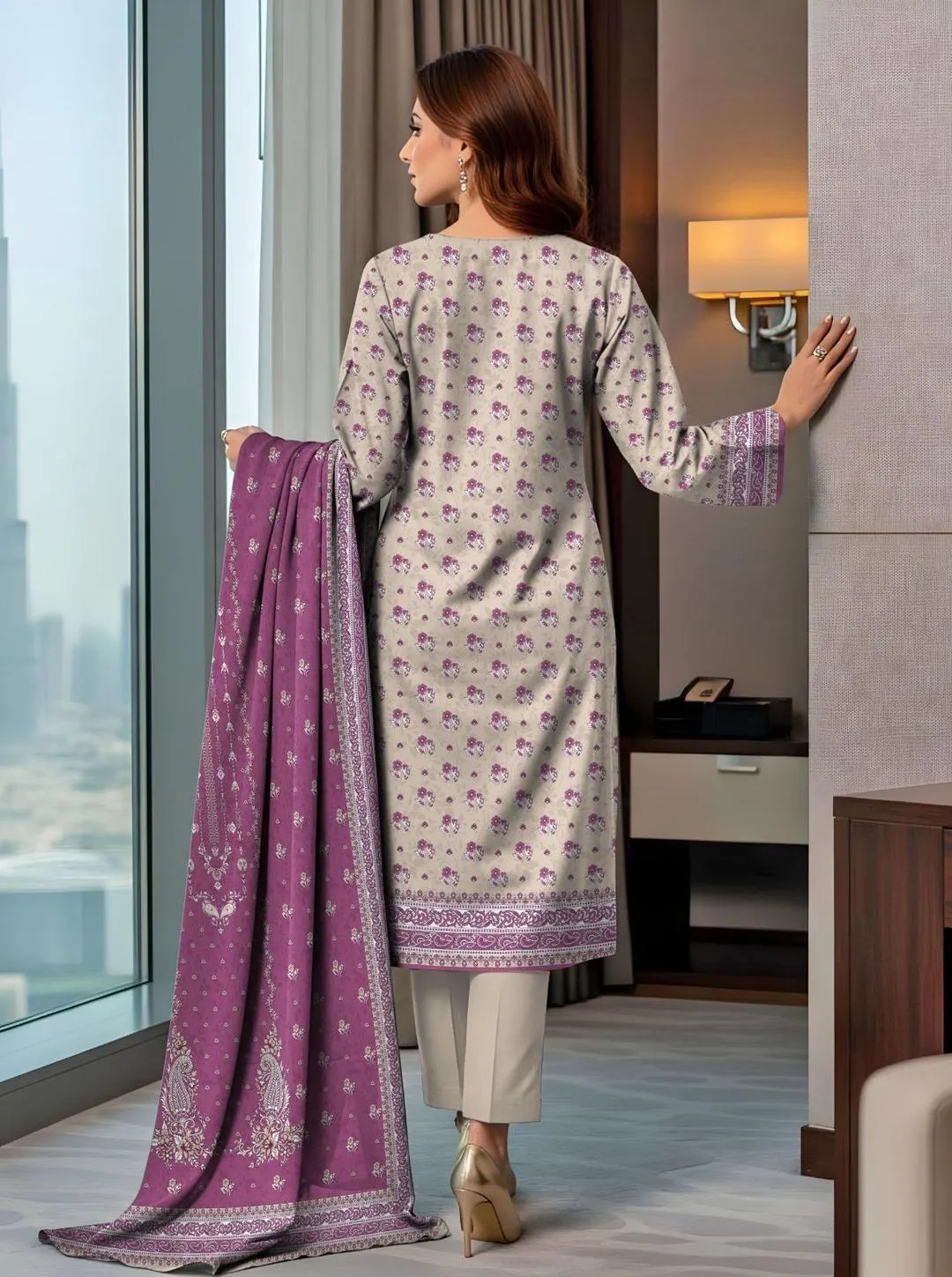 Purple Printed 3-Piece Dobby Lawn Suit for Women