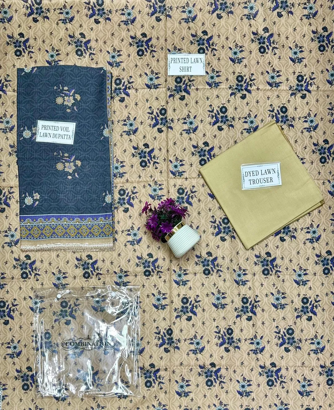Unstitched Printed Lawn Suit Brown Floral Dobby Lawn 3Pc