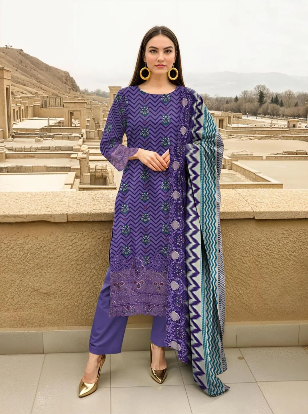 Purple Printed 3-Piece Lawn Suit for Women