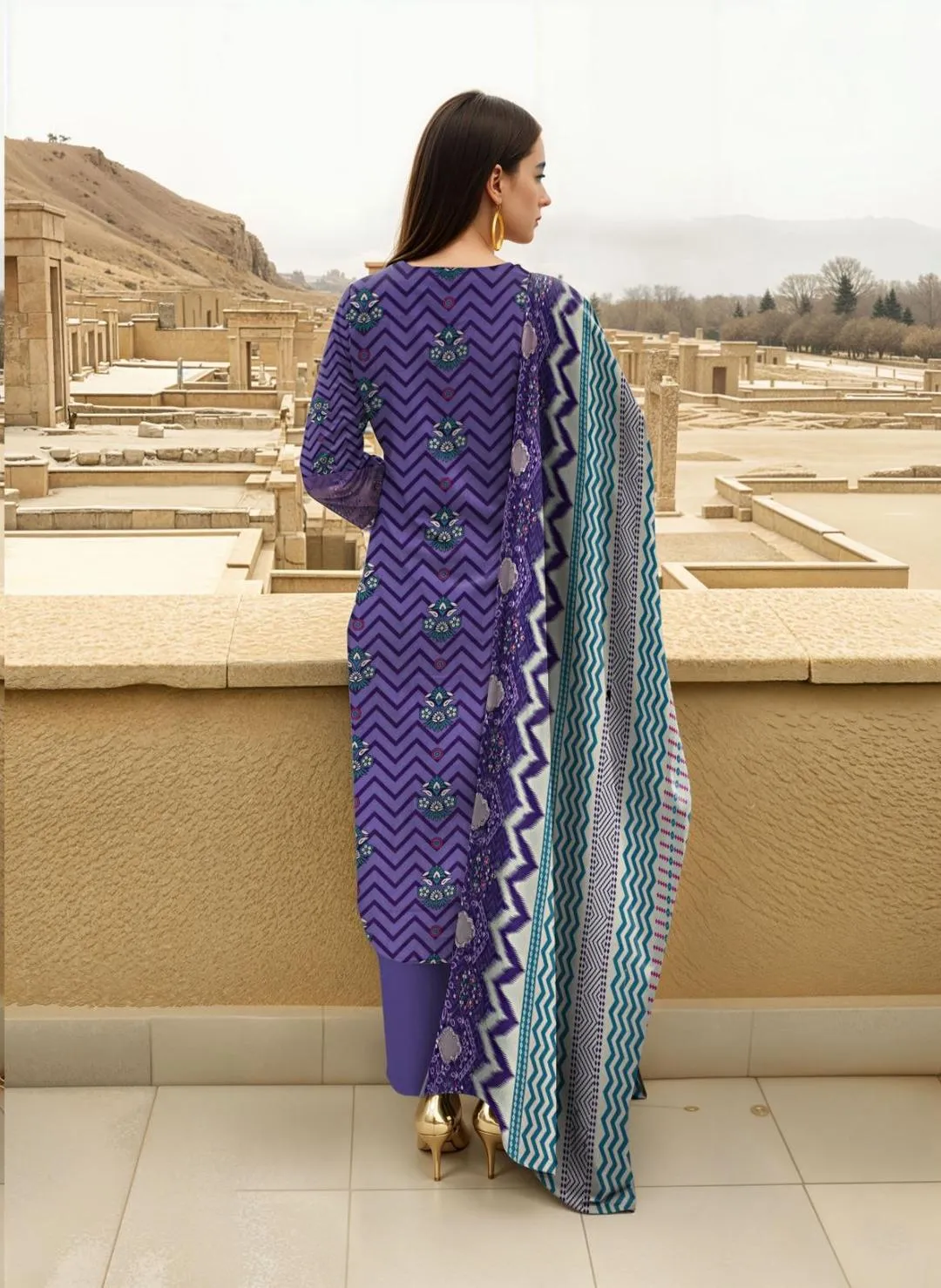 Purple Printed 3-Piece Lawn Suit for Women