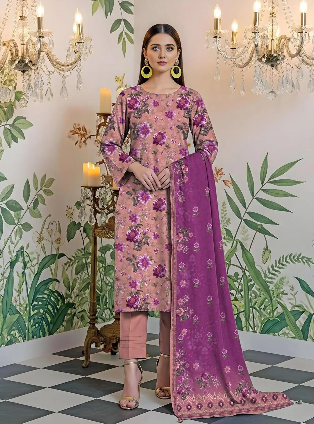 Unstitched Printed Lawn Suit Pink Purple Floral Eid Wear