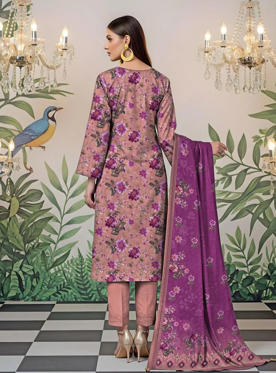 Unstitched Printed Lawn Suit Pink Purple Floral Eid Wear