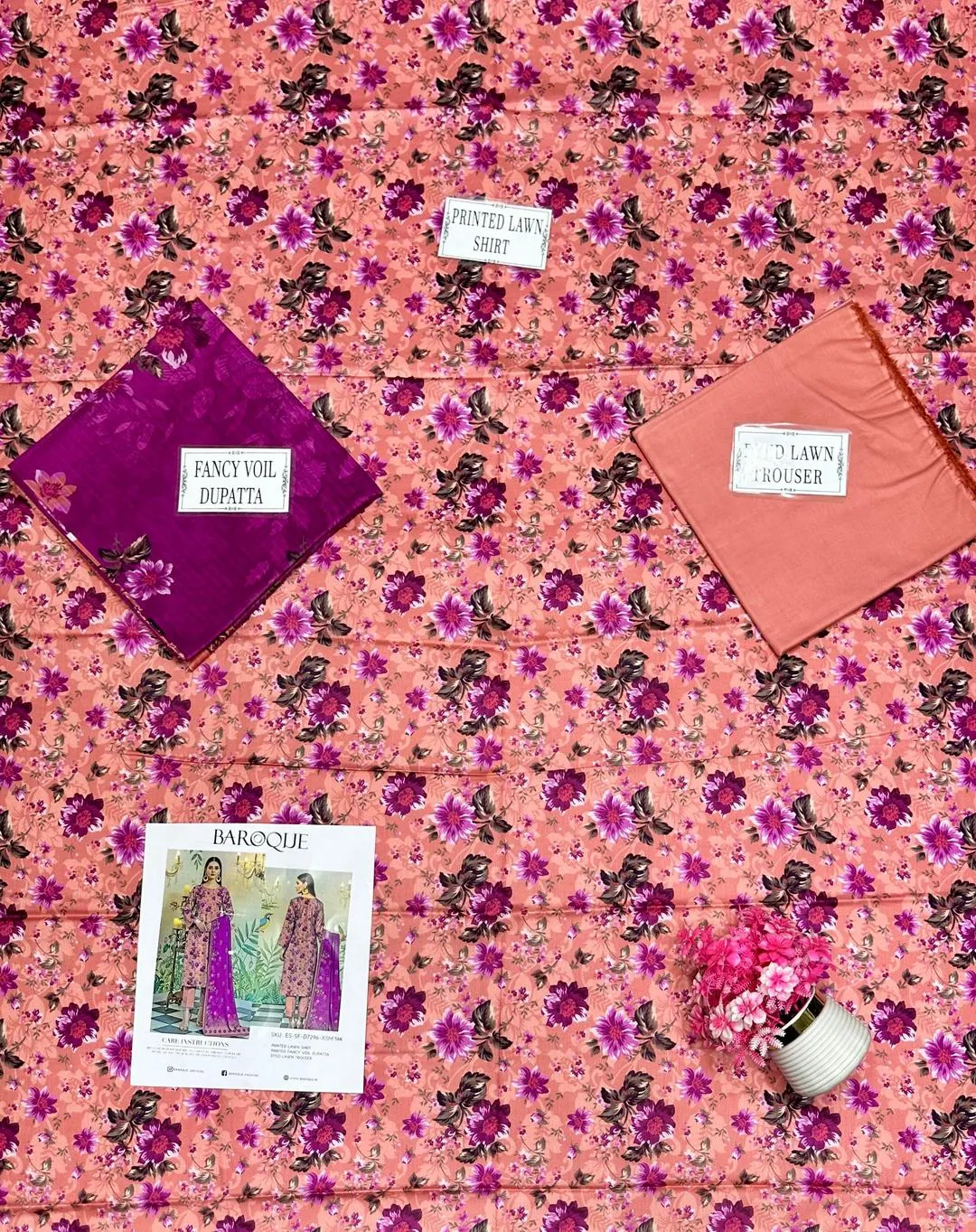 Unstitched Printed Lawn Suit Pink Purple Floral Eid Wear