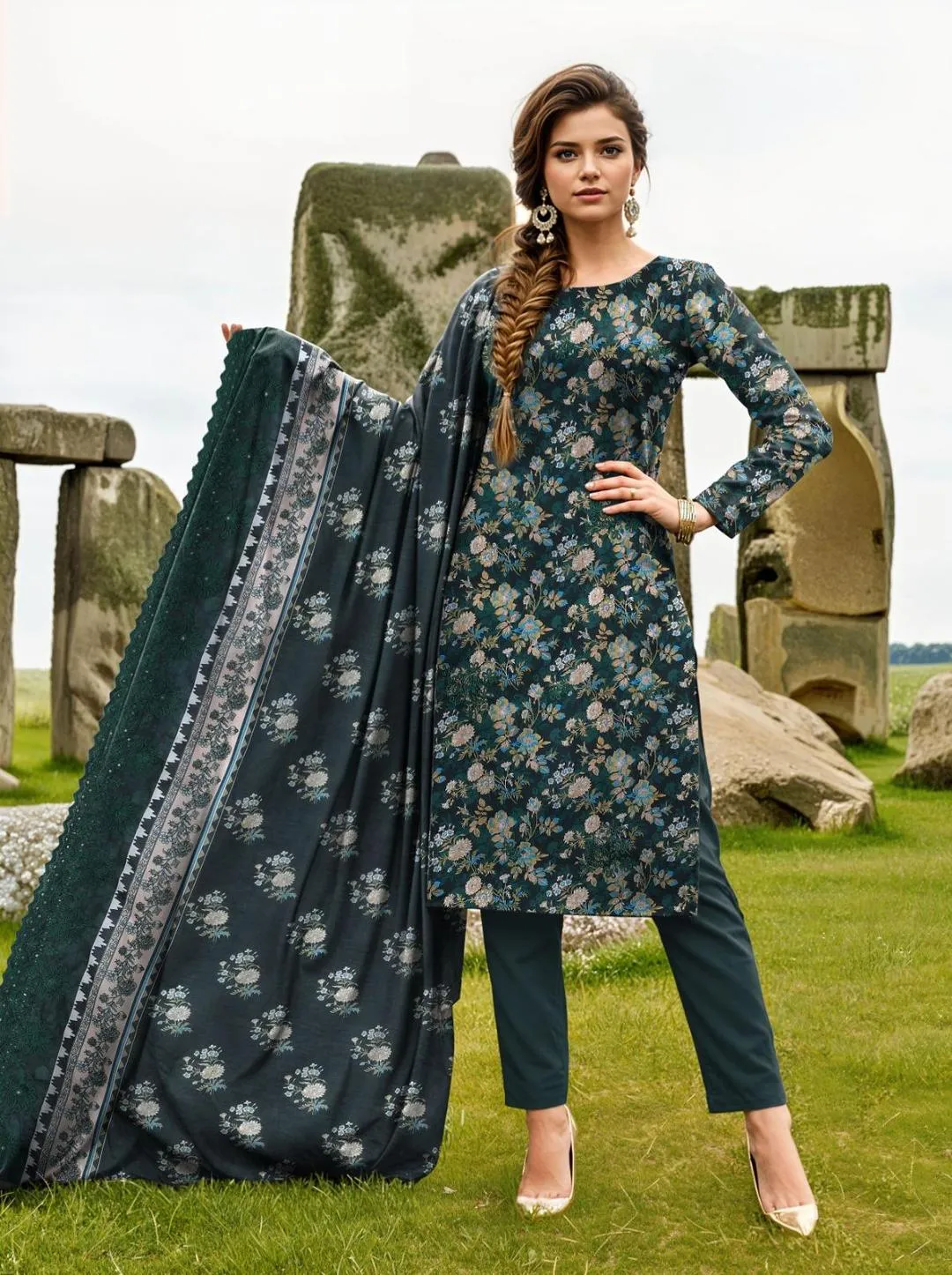 Unstitched Printed Lawn Suit Green for Pakistani Women