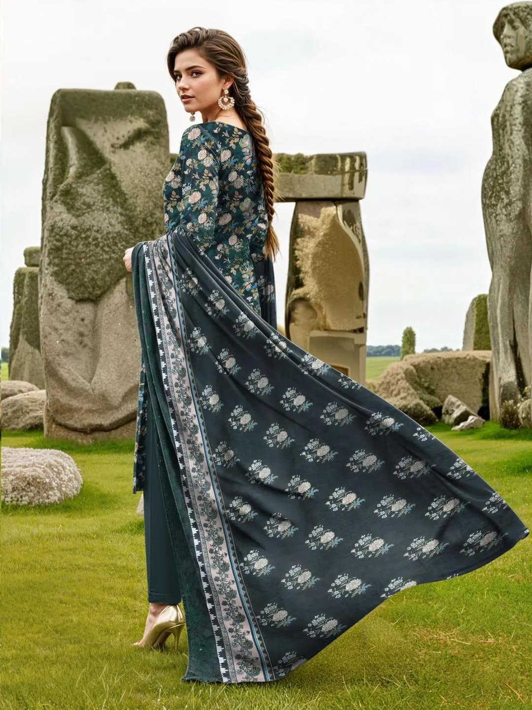 Unstitched Printed Lawn Suit Green for Pakistani Women