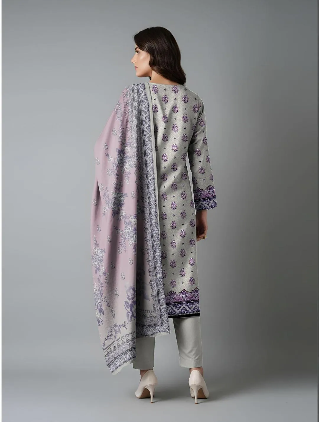 Grey Printed Dobby Lawn 3Pcs Women Suit