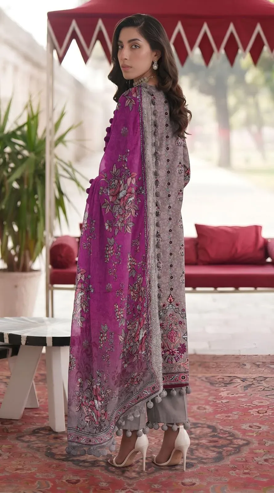 Embroidered Lawn Shirt with Printed Dupatta Brown 3Pcs