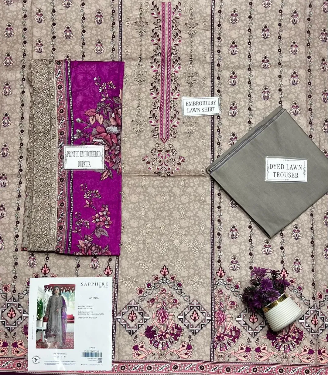 Embroidered Lawn Shirt with Printed Dupatta Brown 3Pcs