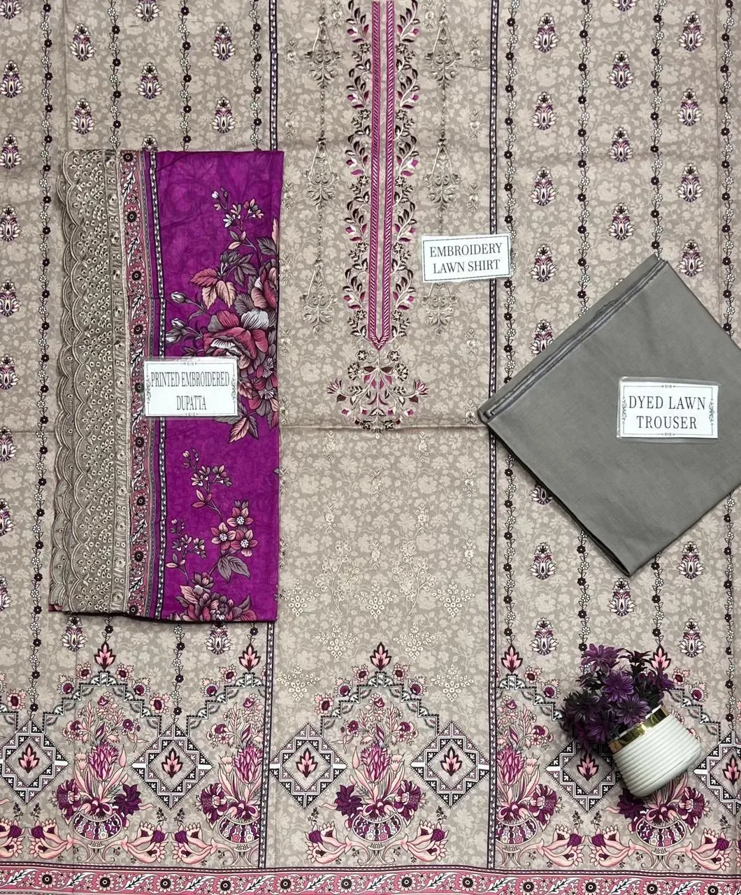 Embroidered Lawn Shirt with Printed Dupatta Brown 3Pcs