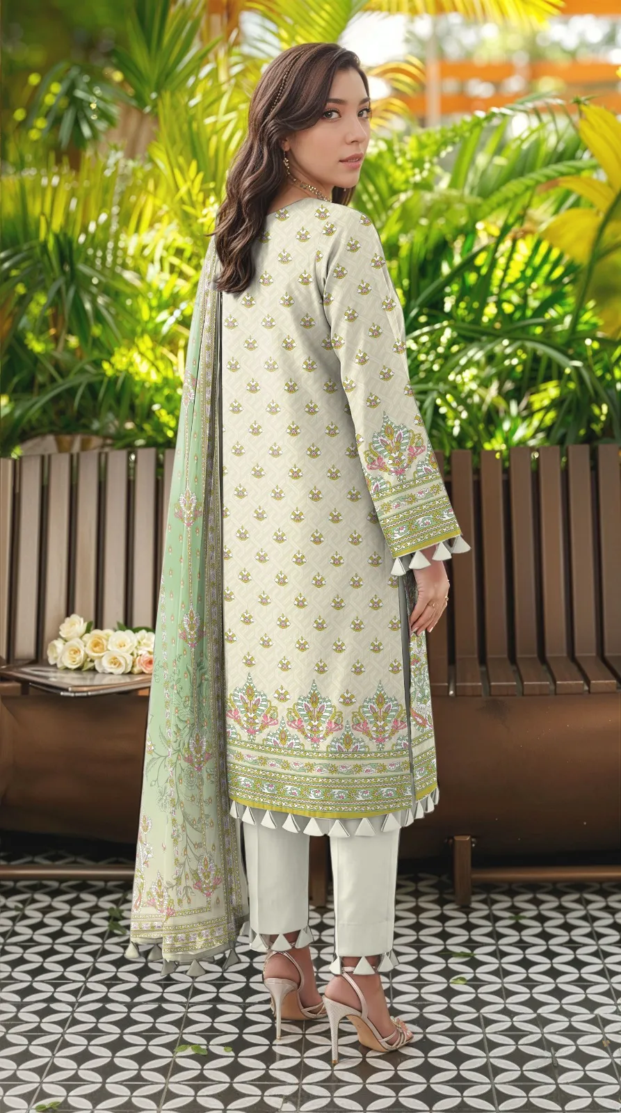 Off White Printed Lawn 3Pcs Women Suit Set