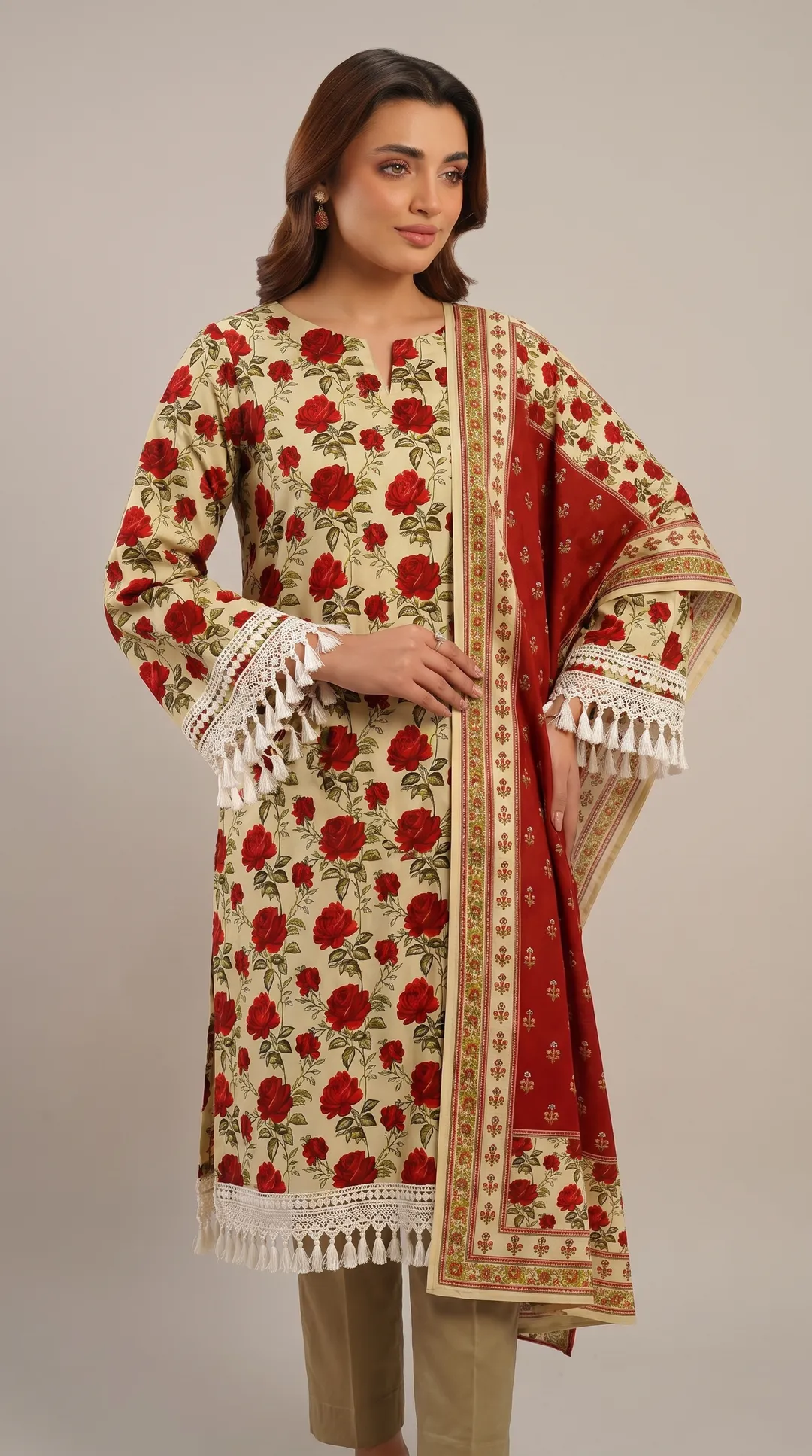 Women's 3-Piece Printed Lawn Suit White Red Roses