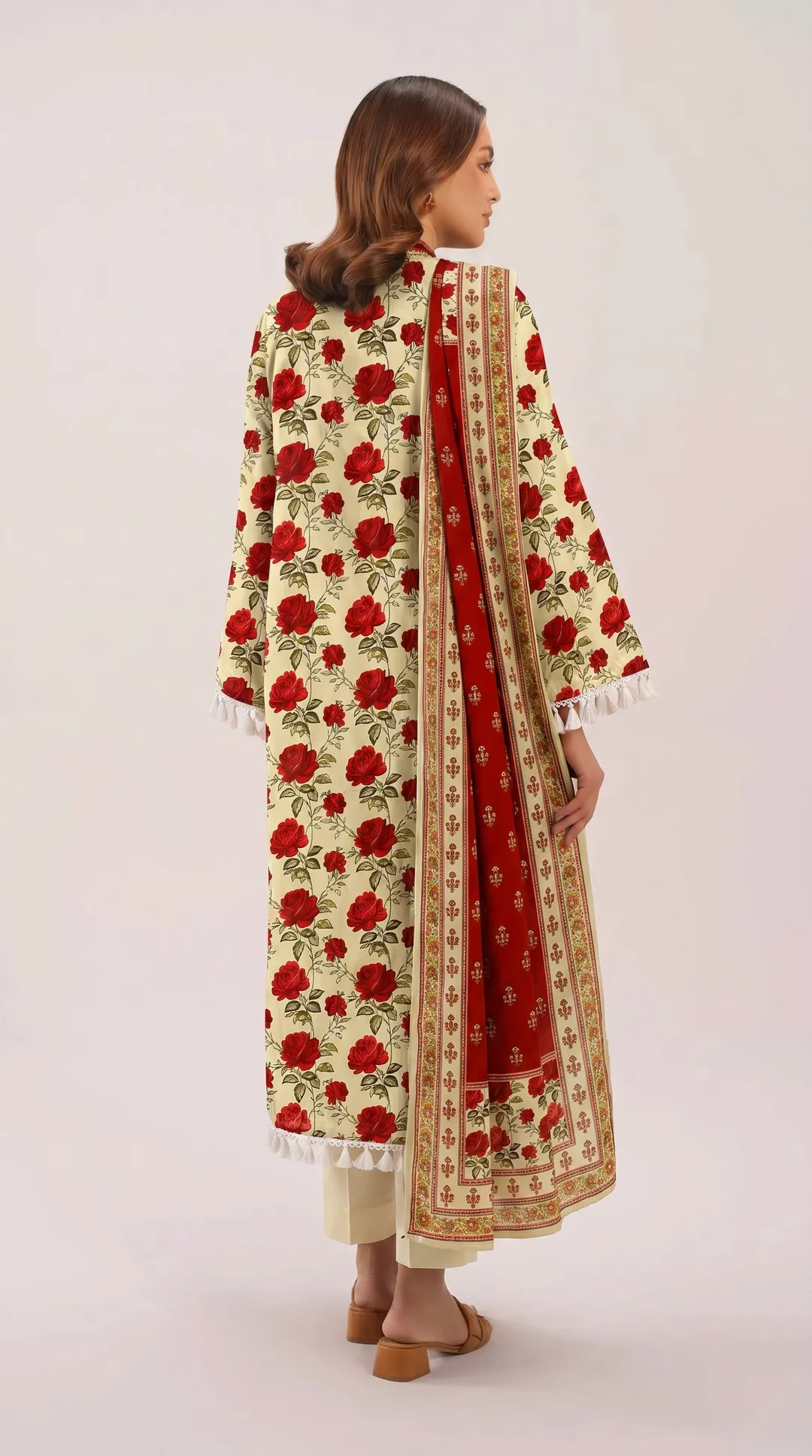 Women's 3-Piece Printed Lawn Suit White Red Roses