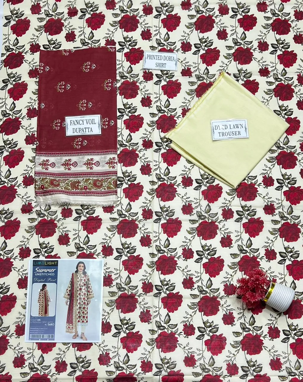 Women's 3-Piece Printed Lawn Suit White Red Roses