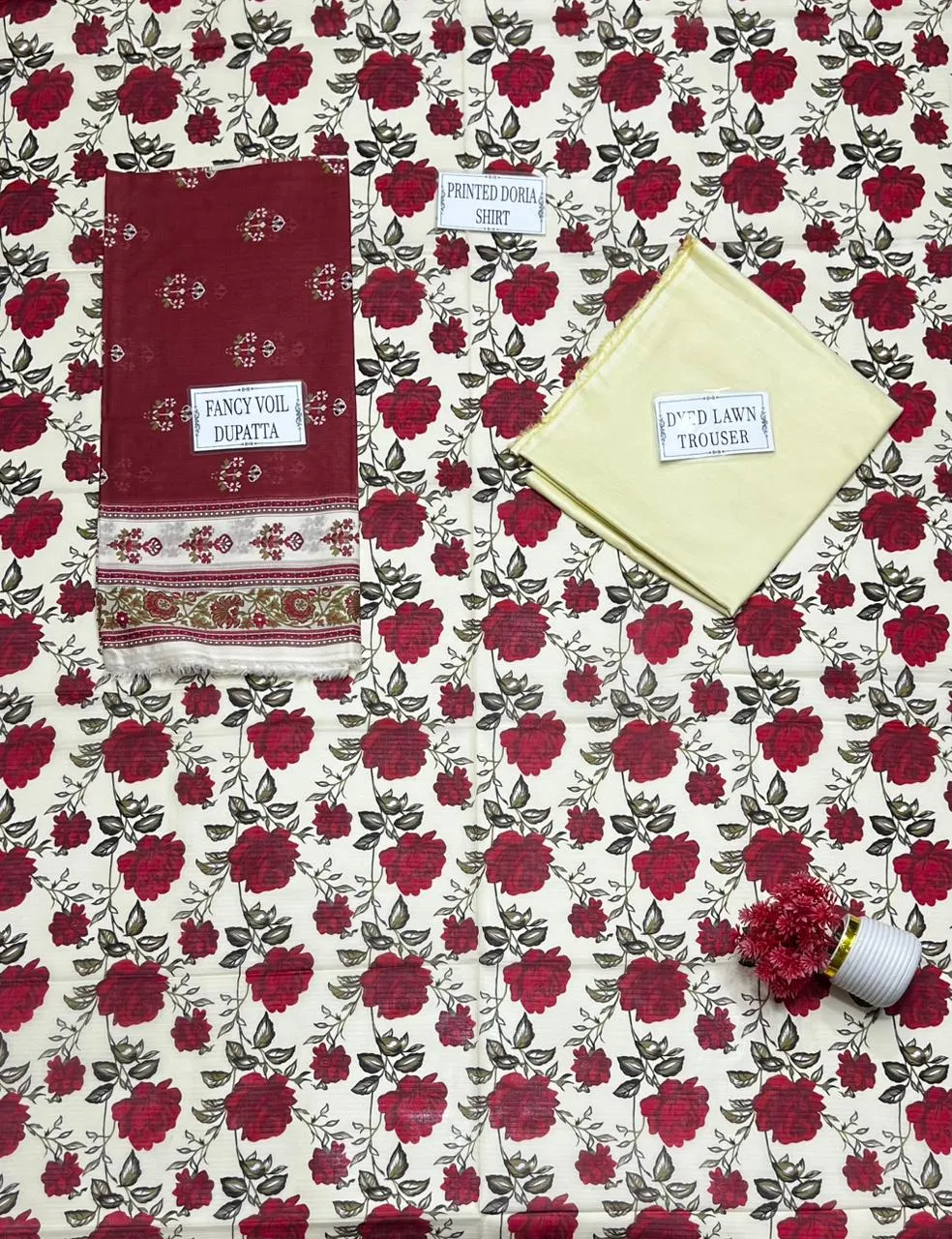 Women's 3-Piece Printed Lawn Suit White Red Roses