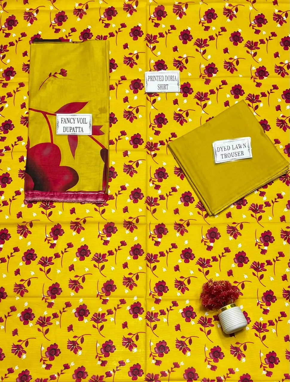 Yellow Printed 3-Piece Lawn Suit Set for Women