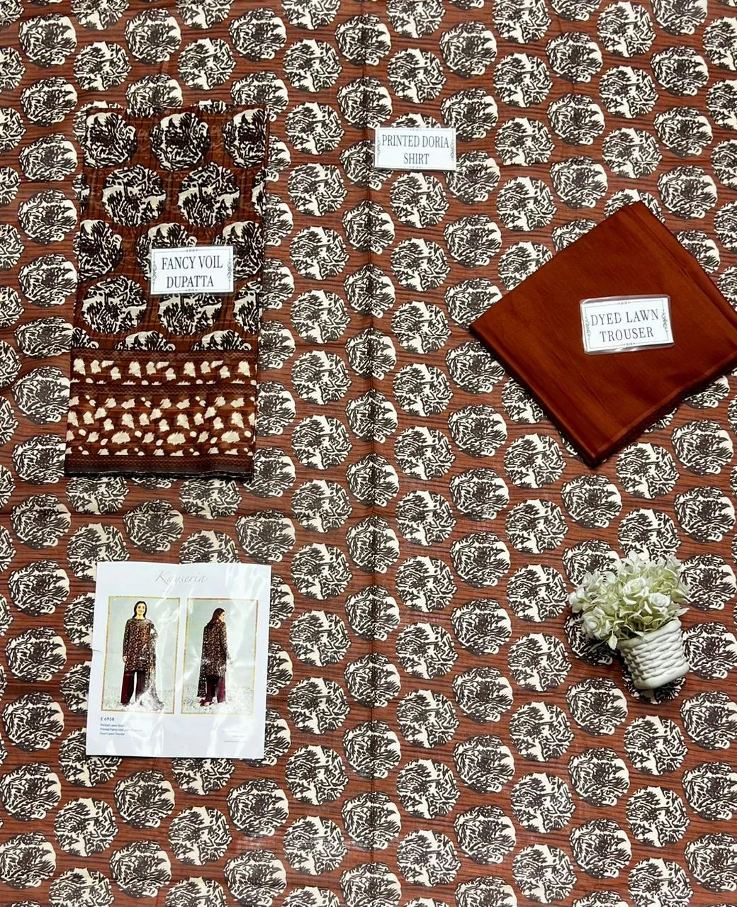 Brown Printed 3Pcs Dobby Lawn Suit for Women