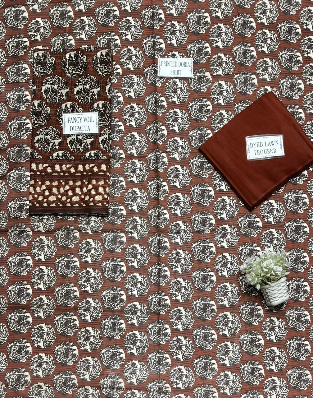 Brown Printed 3Pcs Dobby Lawn Suit for Women