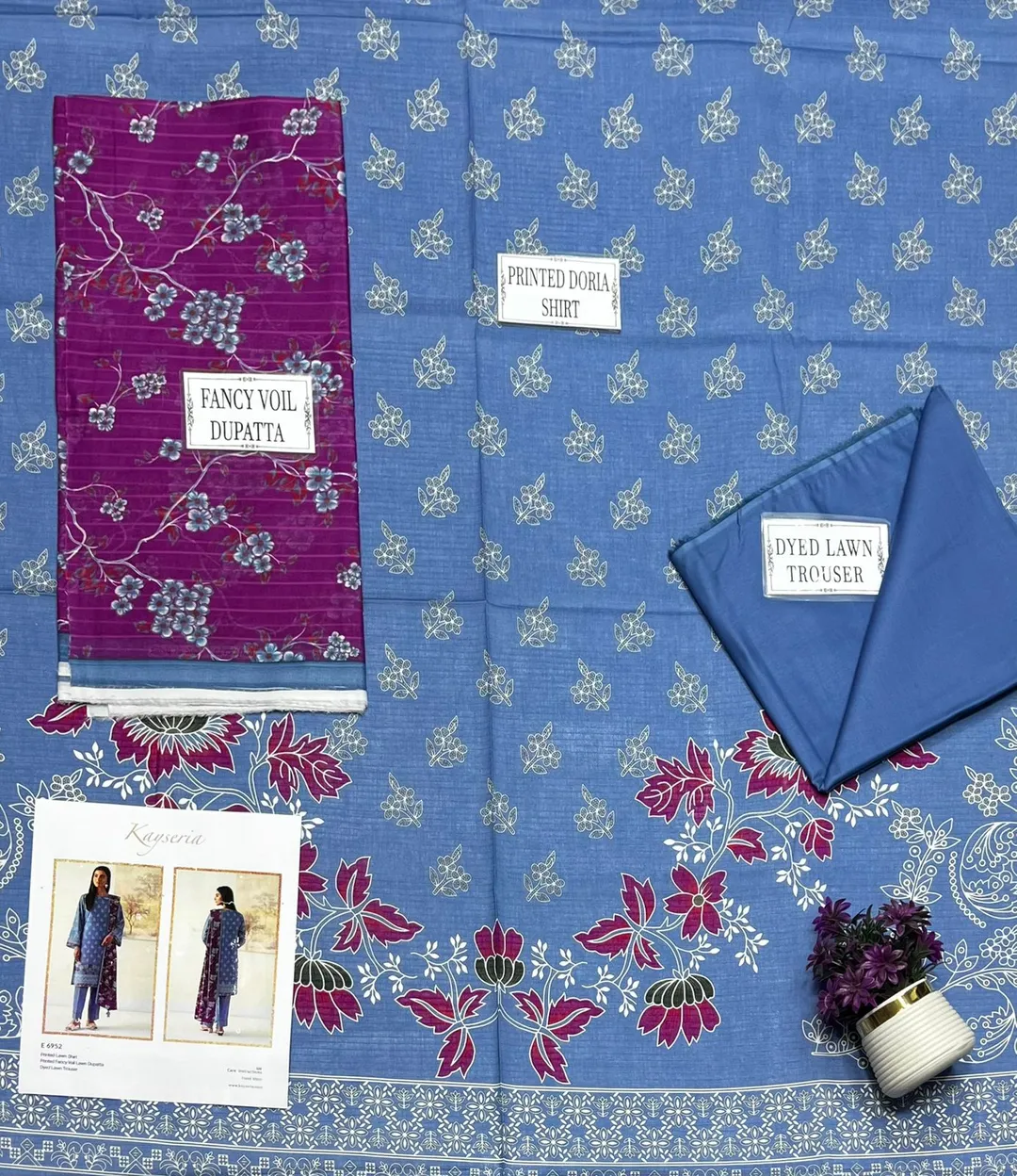 Blue Printed 3Pcs Dobby Lawn Suit for Women