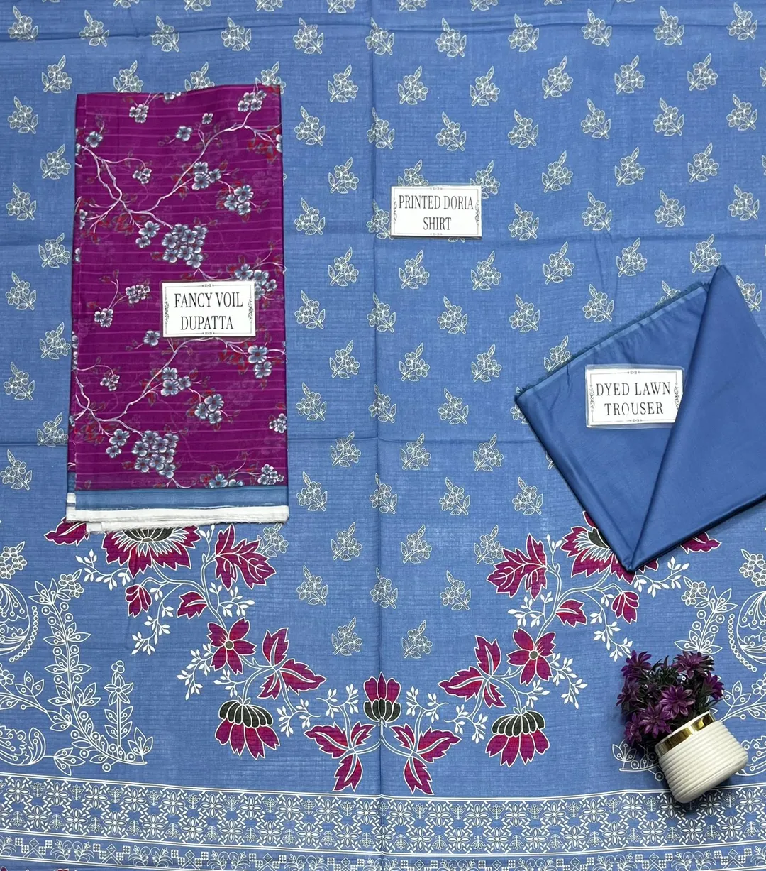 Blue Printed 3Pcs Dobby Lawn Suit for Women