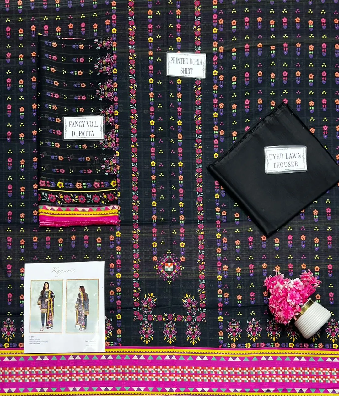 Women's Printed Dobby Lawn 3Pcs Black Kurta Set