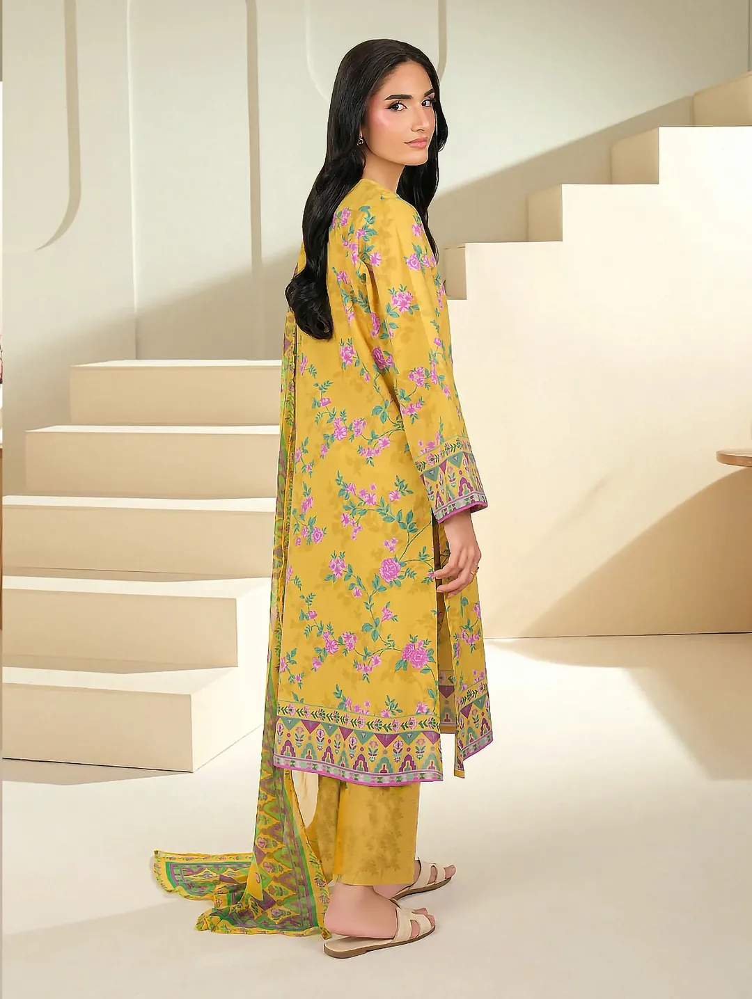 Yellow Printed 3-Piece Lawn Suit for Women
