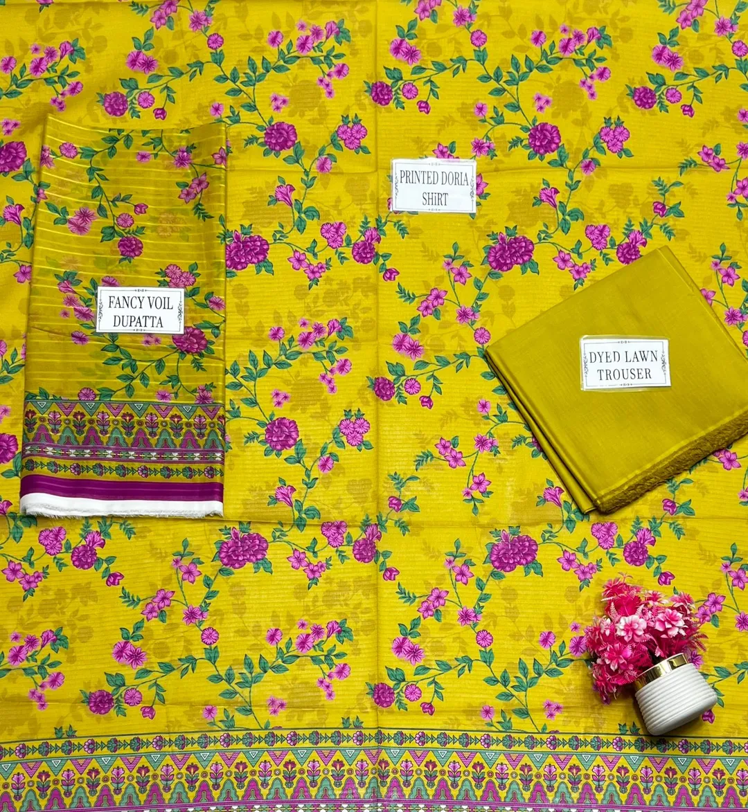 Yellow Printed 3-Piece Lawn Suit for Women