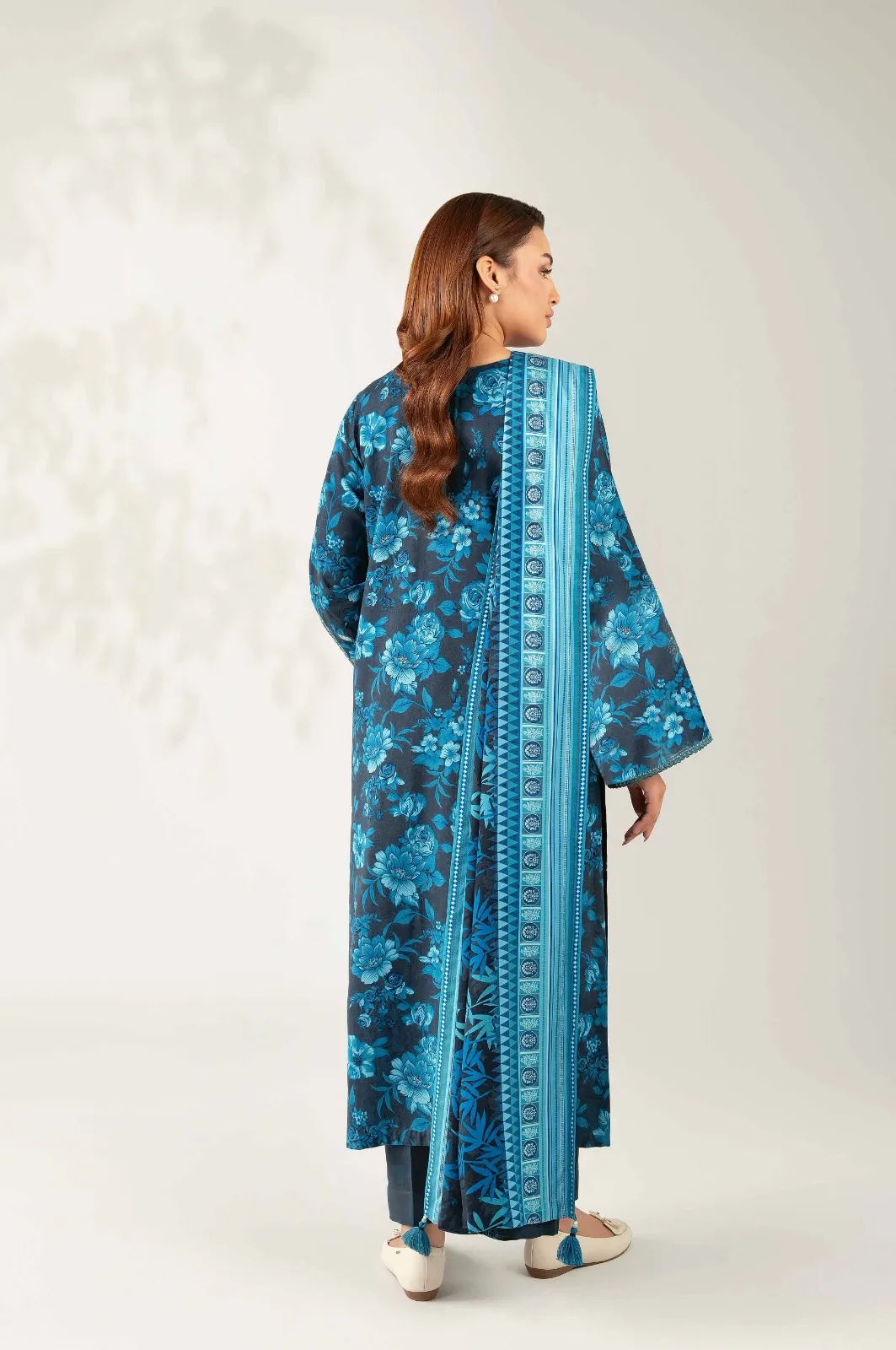 Blue Printed 3Pcs Dobby Lawn Suit for Women