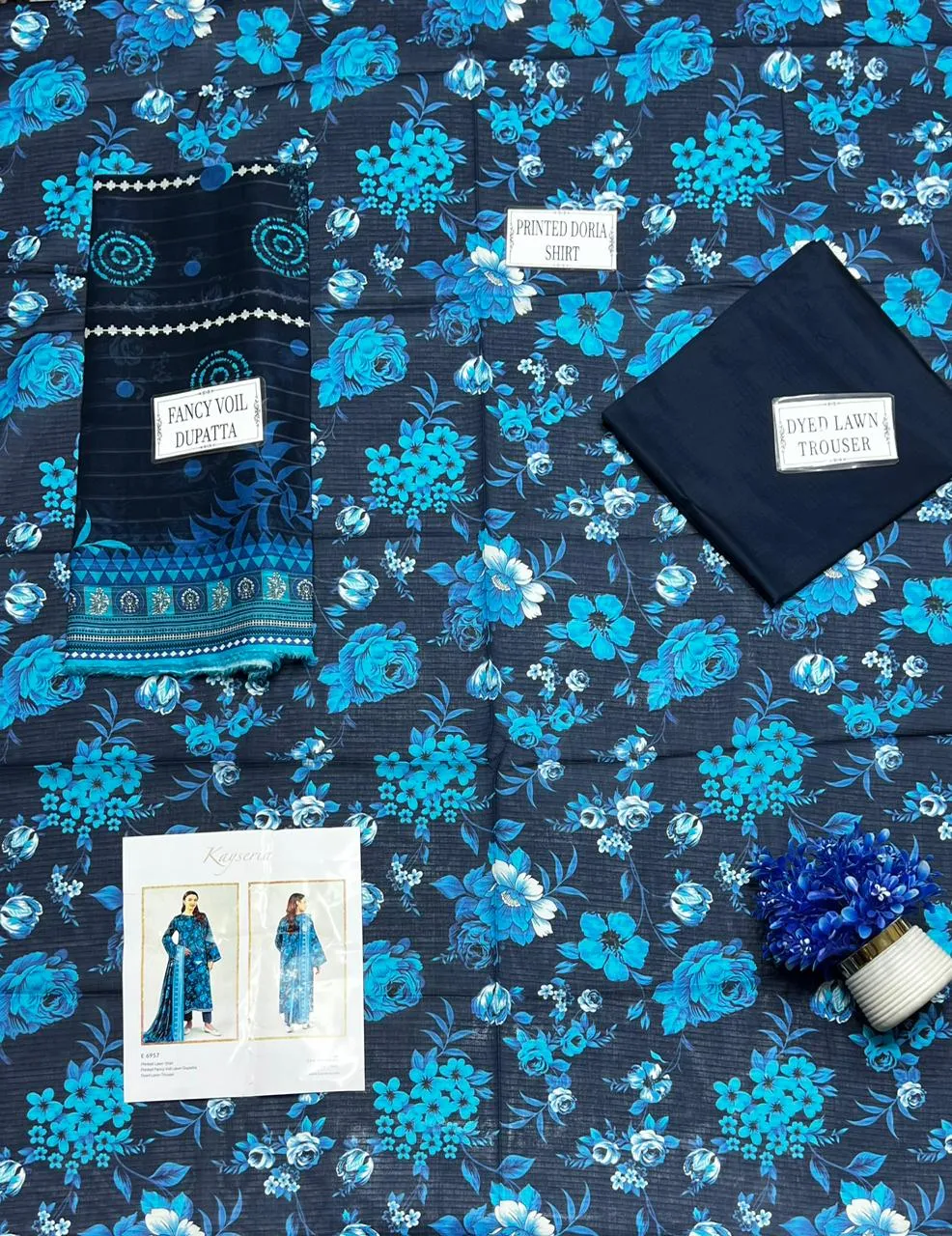 Blue Printed 3Pcs Dobby Lawn Suit for Women