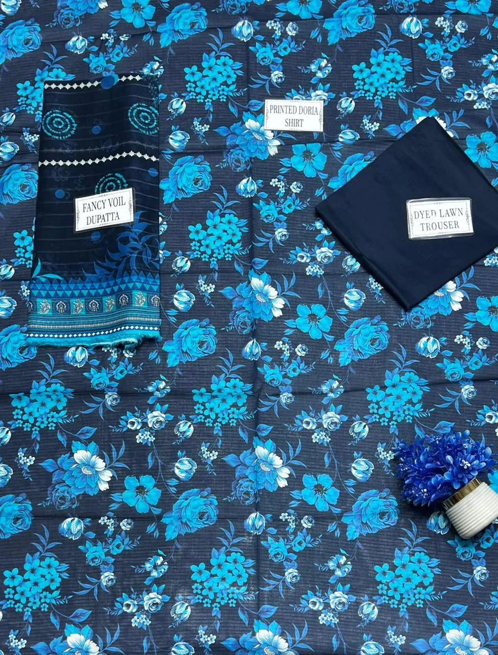 Blue Printed 3Pcs Dobby Lawn Suit for Women